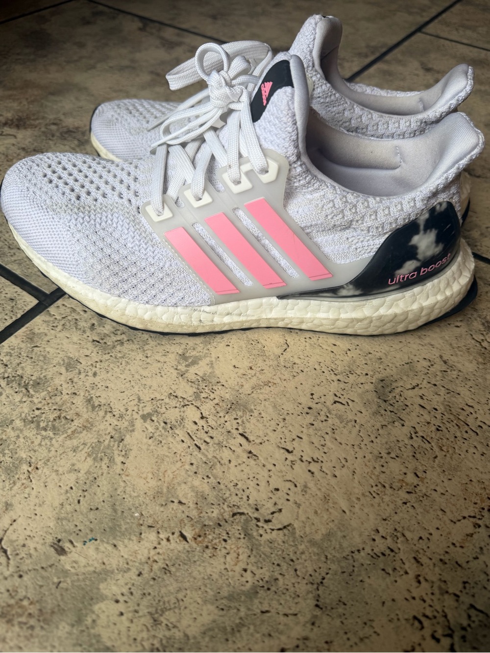 adidas White Knit Ultra Boost Sneakers with Pink Stripes